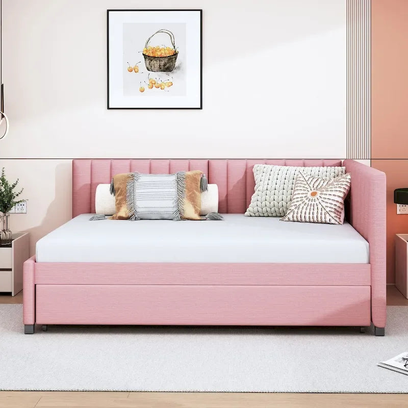 Full Size Upholstered Daybed with Trundle Sofa Bed Frame No Box Spring Needed