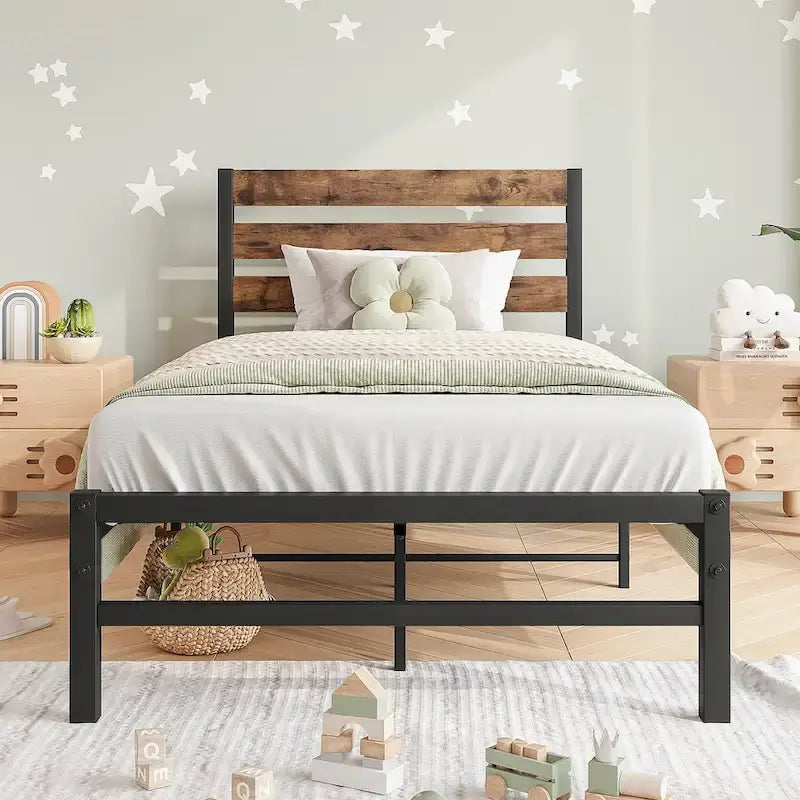 Platform Bed Frame with Rustic Vintage Wood Headboard