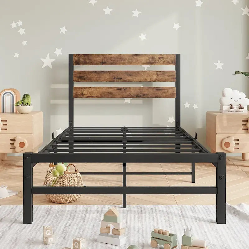 Platform Bed Frame with Rustic Vintage Wood Headboard