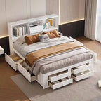 King Size Platform Bed with Storage Bookshelf and 8 Drawers