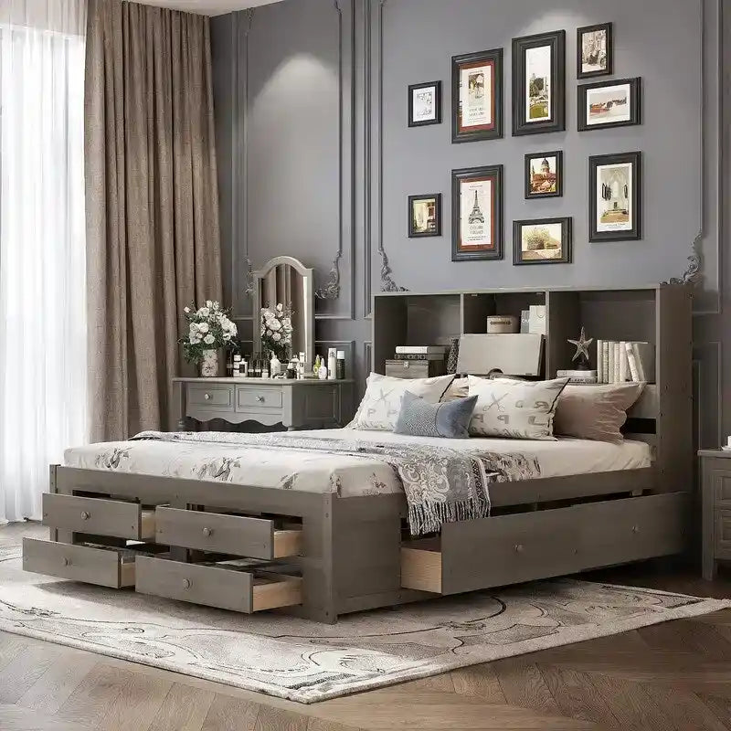 King Size Platform Bed with Storage Bookshelf and 8 Drawers