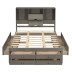 King Size Platform Bed with Storage Bookshelf and 8 Drawers
