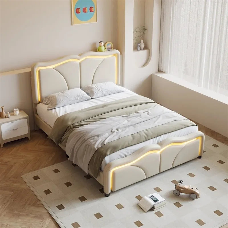 Full Size LED Upholstered Platform Bed with Adjustable Headboard