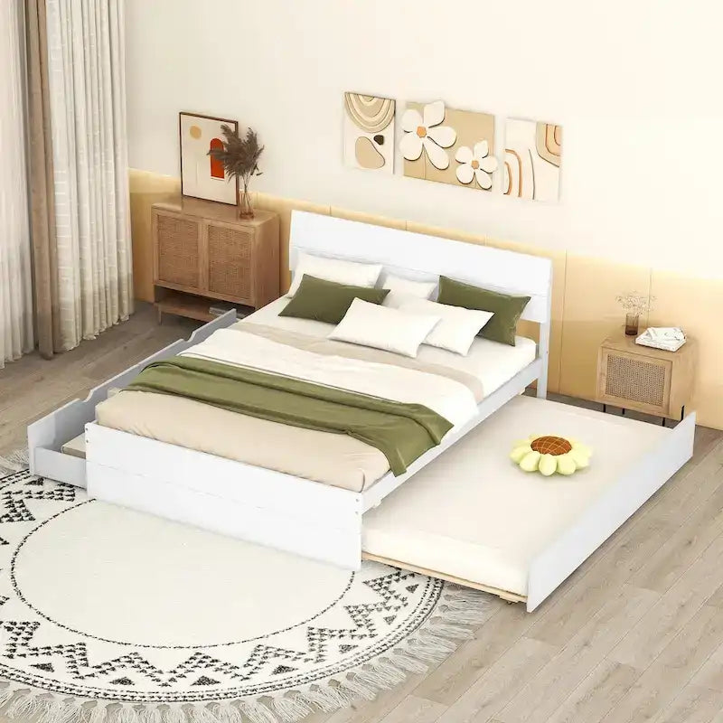 Full Bed Frame With Twin Size Trundle And 2 Drawers