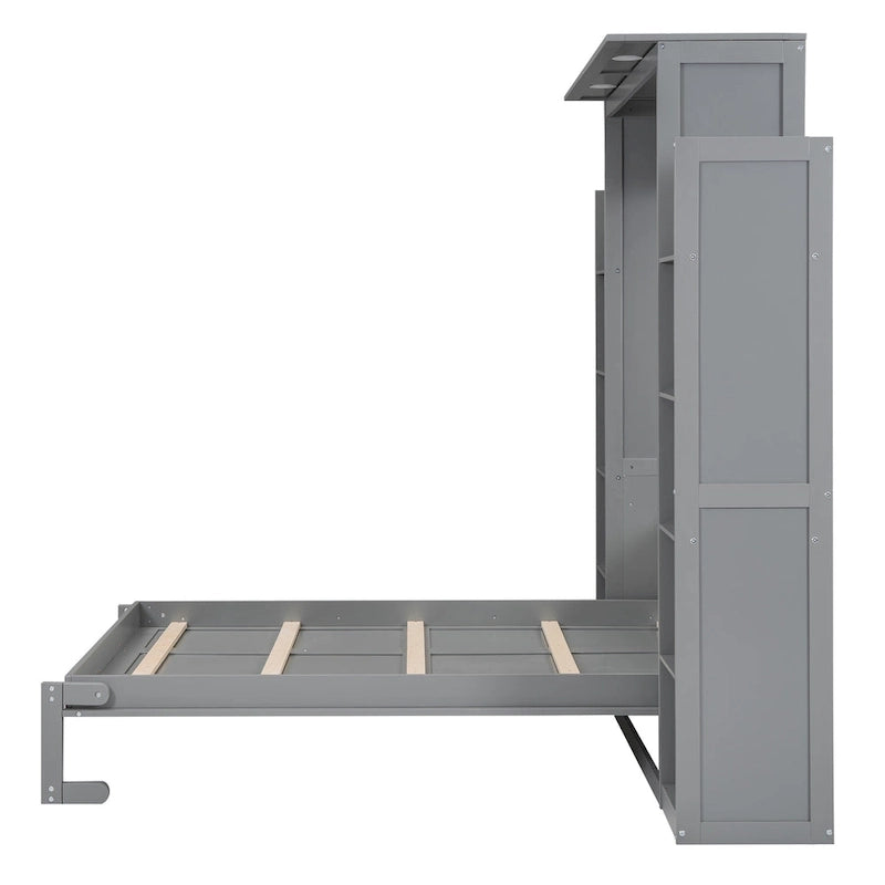 Full Size Murphy Wall Bed Frame with Shelves and LED Lights,for Girls Boys Teens,No Box Spring Needed