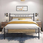 Javlergo Industrial Metal Bed Frame with Wooden Headboard, No Box Spring Needed, Slate