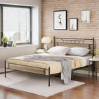 Javlergo Industrial Metal Bed Frame with Wooden Headboard, No Box Spring Needed, Slate