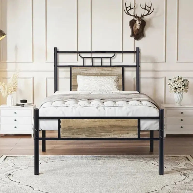 Javlergo Industrial Metal Bed Frame with Wooden Headboard, No Box Spring Needed, Slate