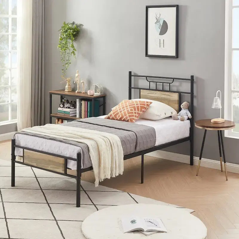 Javlergo Industrial Metal Bed Frame with Wooden Headboard, No Box Spring Needed, Slate