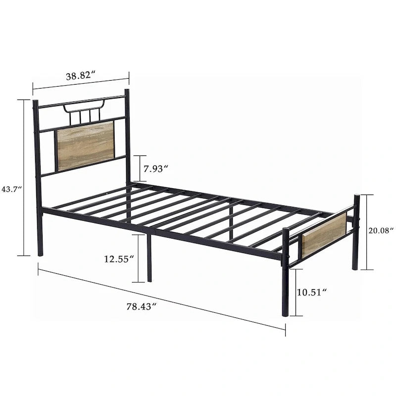 Javlergo Industrial Metal Bed Frame with Wooden Headboard, No Box Spring Needed, Slate