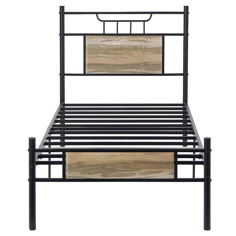 Javlergo Industrial Metal Bed Frame with Wooden Headboard, No Box Spring Needed, Slate