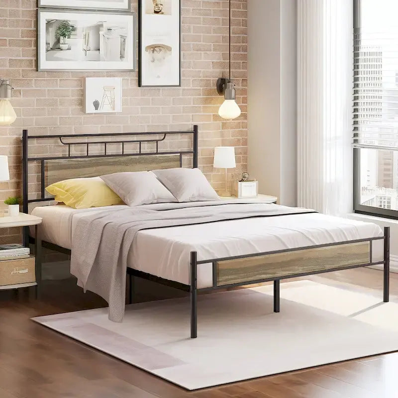 Javlergo Industrial Metal Bed Frame with Wooden Headboard, No Box Spring Needed, Slate