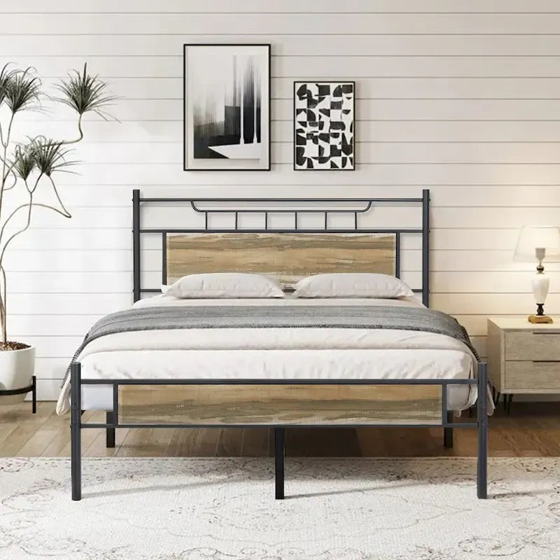 Javlergo Industrial Metal Bed Frame with Wooden Headboard, No Box Spring Needed, Slate