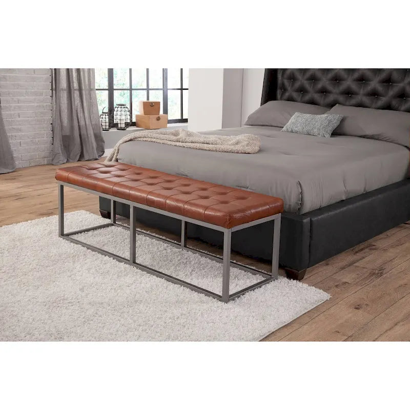 Quarterhorse Cinnamon Brown Genuine Leather and Metal Accent Bench