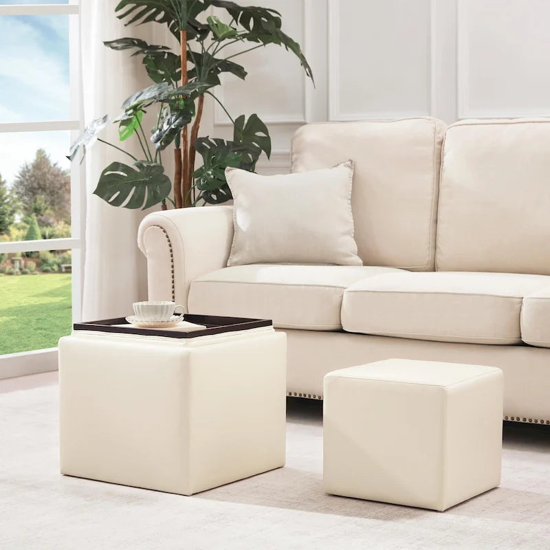 Square Storage Ottoman Set with Footstool and Tray