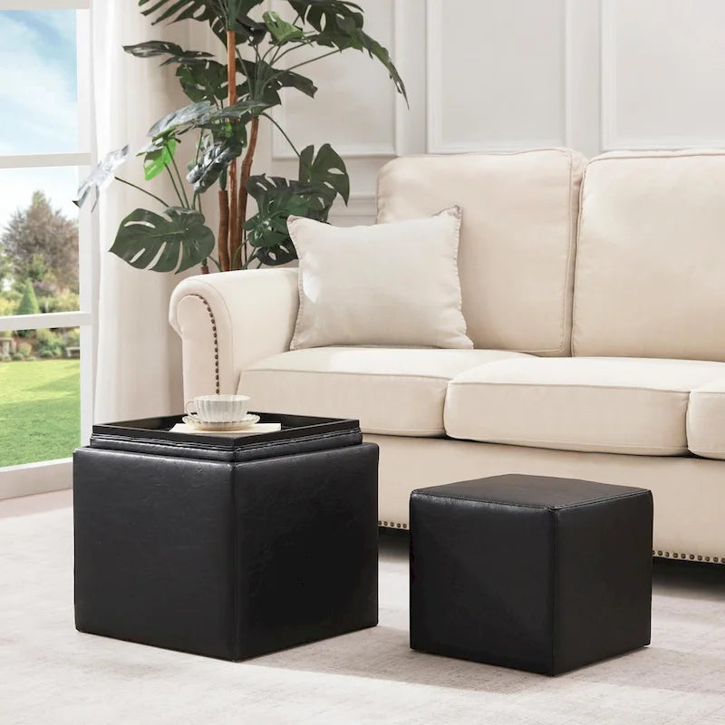 Square Storage Ottoman Set with Footstool and Tray