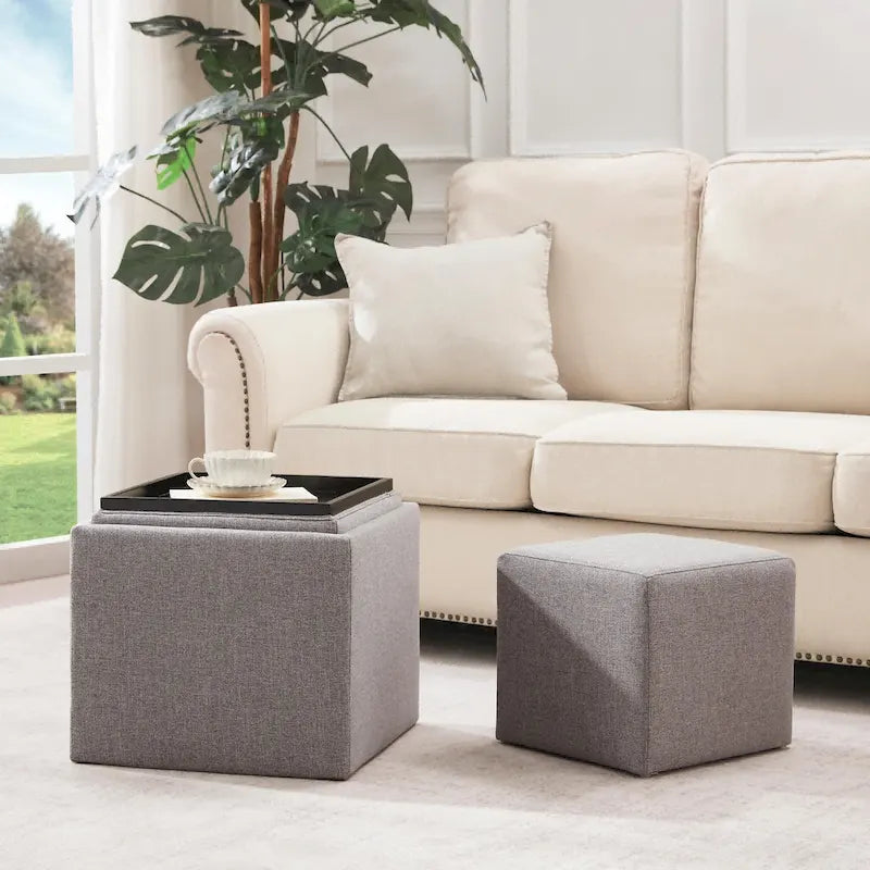 Square Storage Ottoman Set with Footstool and Tray