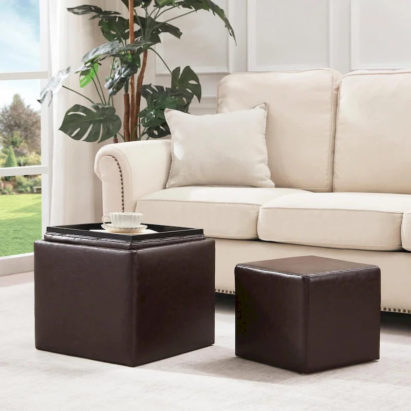 Square Storage Ottoman Set with Footstool and Tray