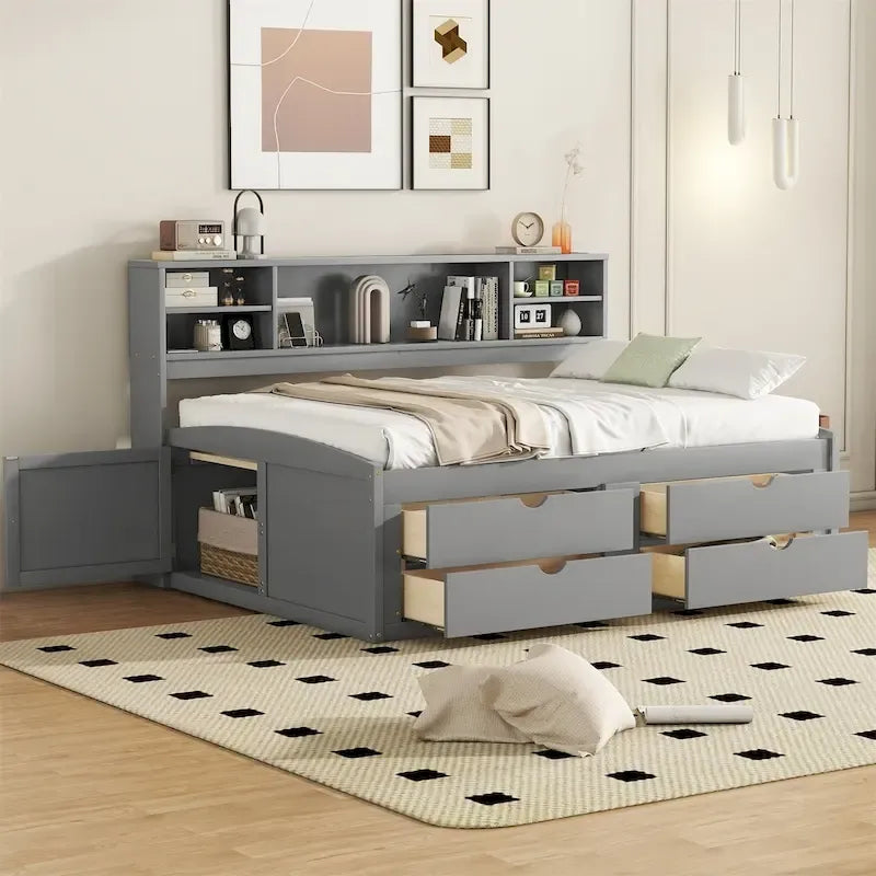 Merax Full Size Wood Daybed with Cabinets, Shelves and 4 Drawers