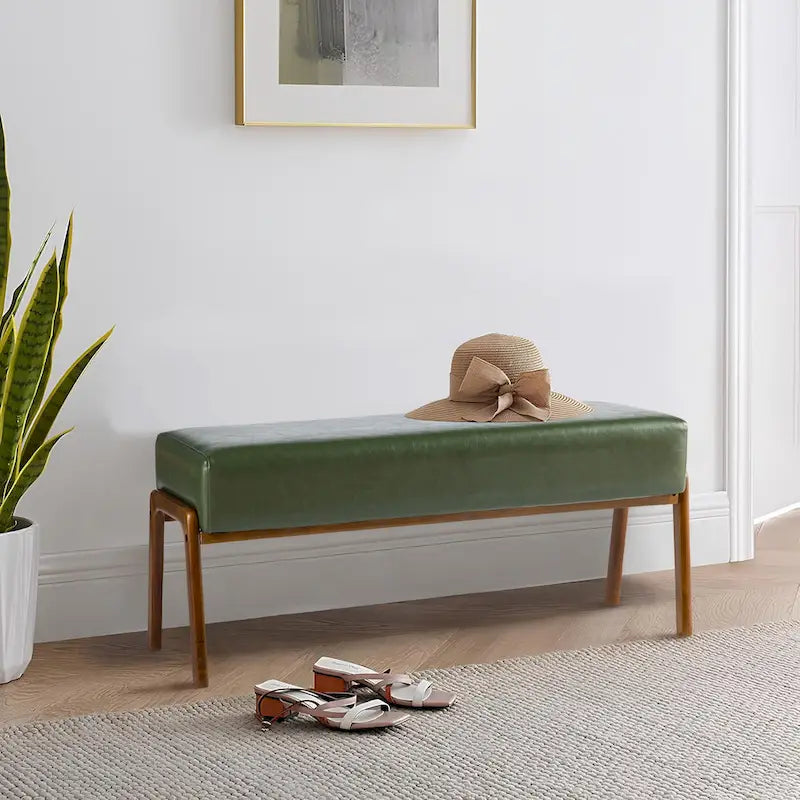 Glitzhome 42.25W Modern Leatherette Bench with Walnut Rubberwood Legs