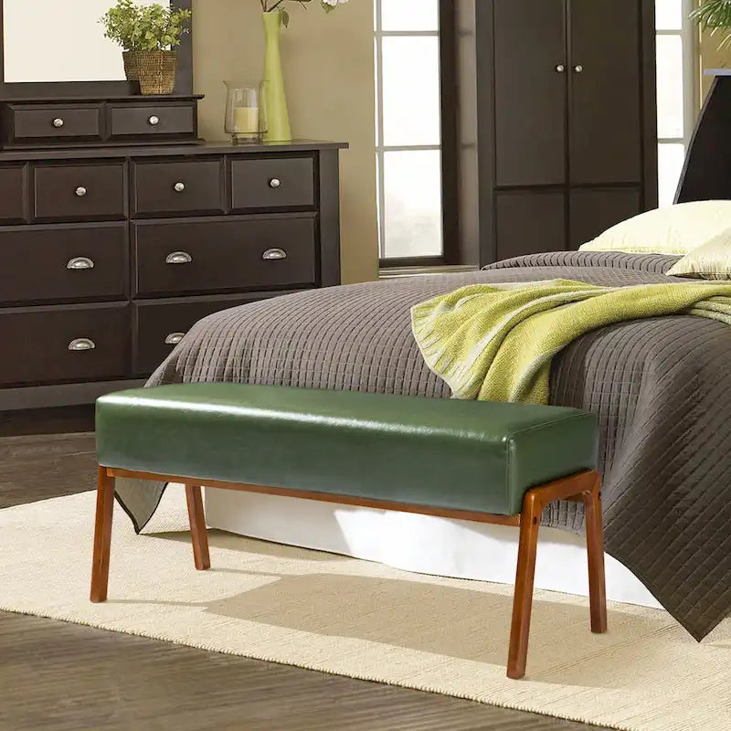 Glitzhome 42.25W Modern Leatherette Bench with Walnut Rubberwood Legs