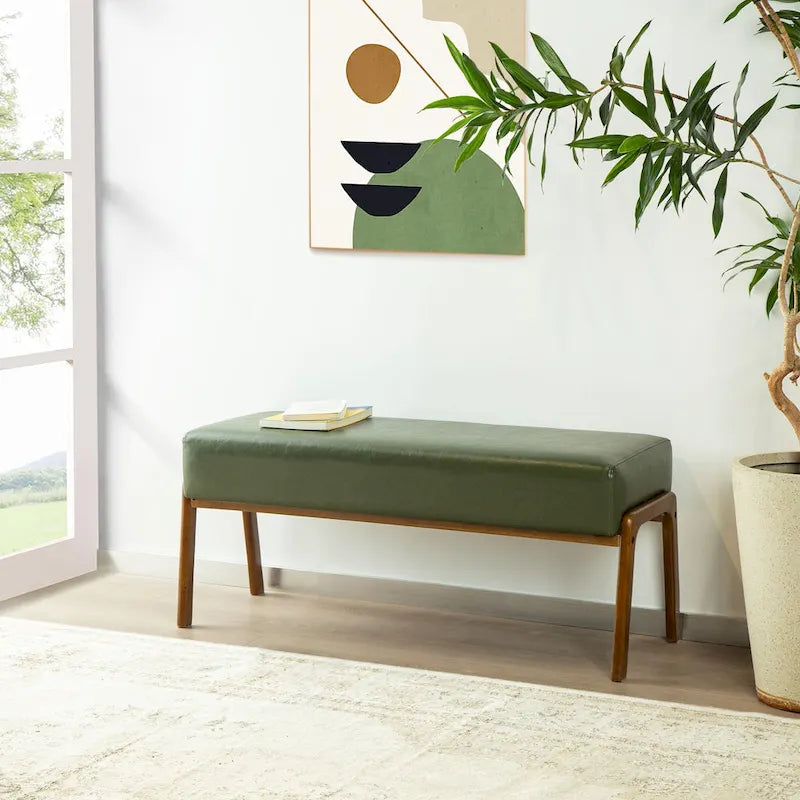 Glitzhome 42.25W Modern Leatherette Bench with Walnut Rubberwood Legs