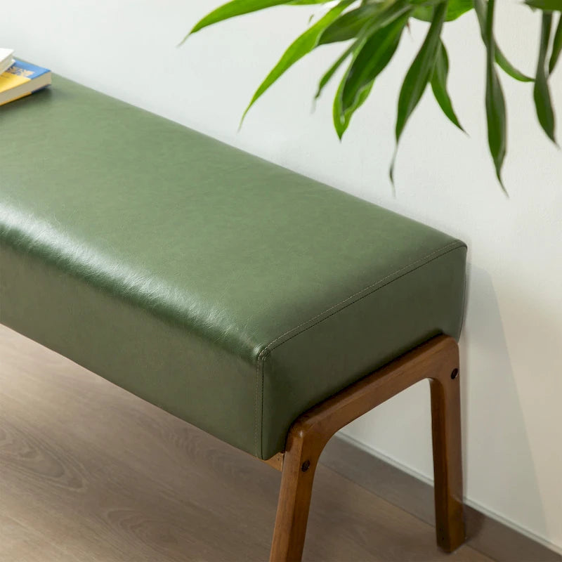 Glitzhome 42.25W Modern Leatherette Bench with Walnut Rubberwood Legs