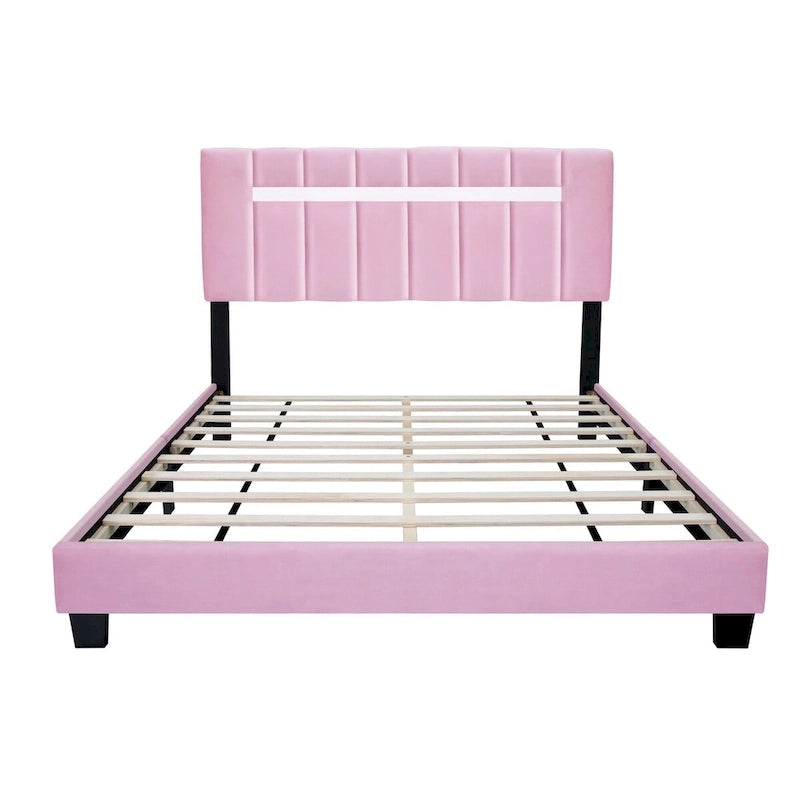 Queen Size Velvet Upholstered Bed Frame with Adjustable Features, Teenage Girl's Favorite Collection