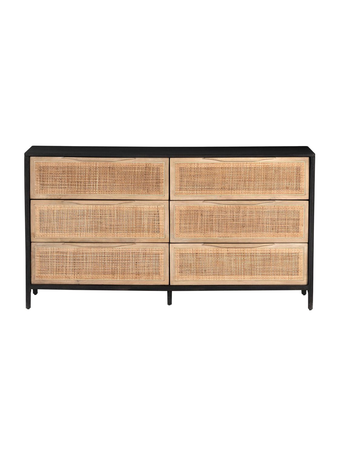 Bria Six Drawer Dresser - Mango Wood, Cane Detail