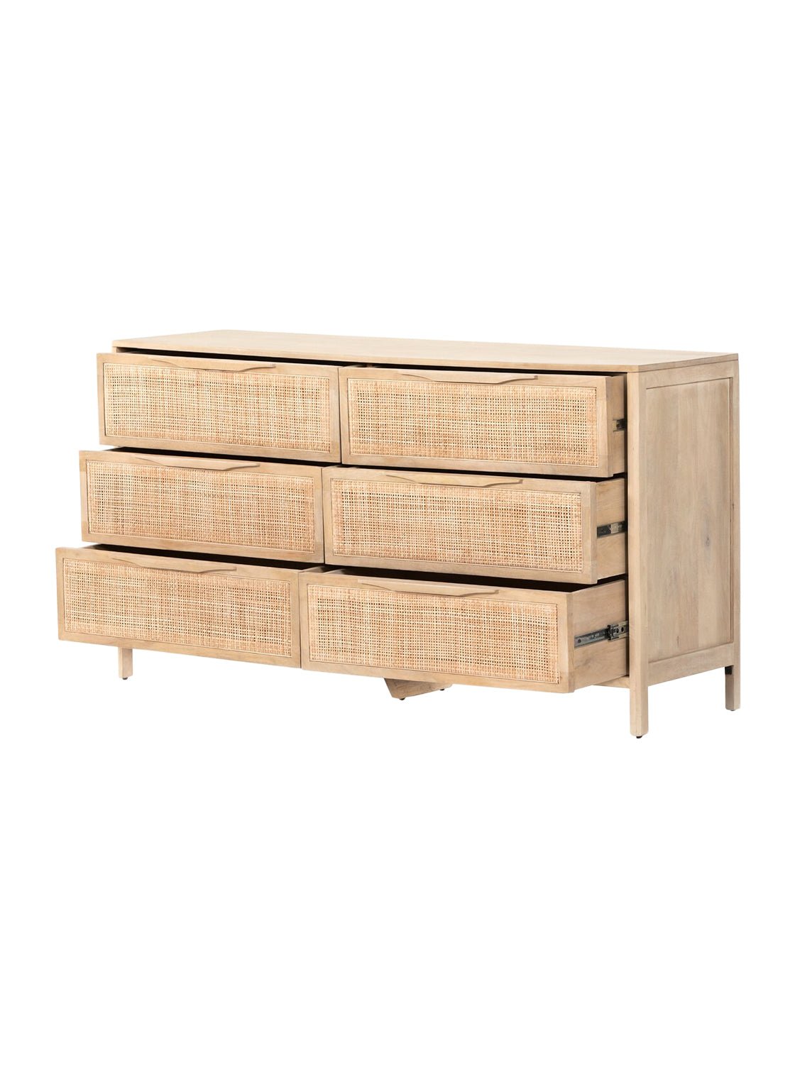 Bria Six Drawer Dresser - Mango Wood, Cane Detail